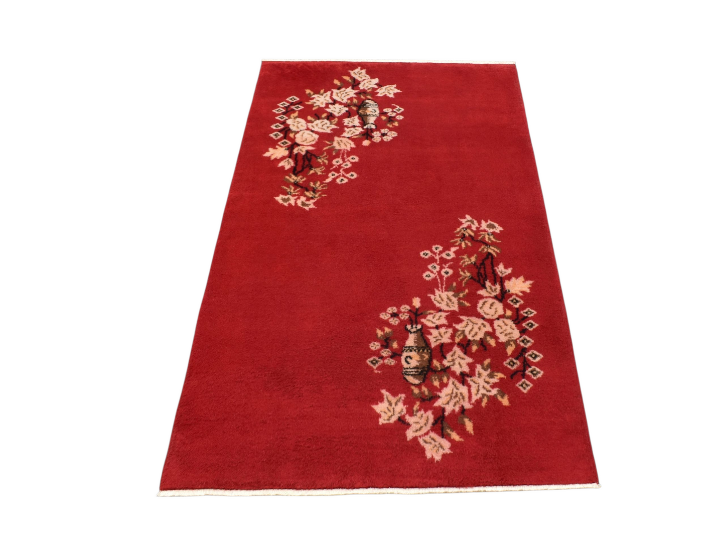 Kilim Antik El Dokuma Burdur Çiçekli Vazolu Yün Halı 0797 - Yeni - Kırmızı