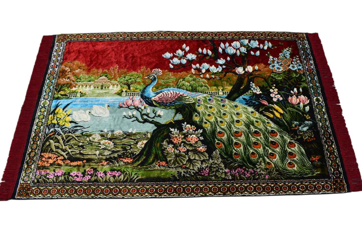 Kilim Antik Malikane Tasvirli Tavus Kuşlu Sülünlü Temalı Duvar Halısı 0830 - Yeni - Kırmızı