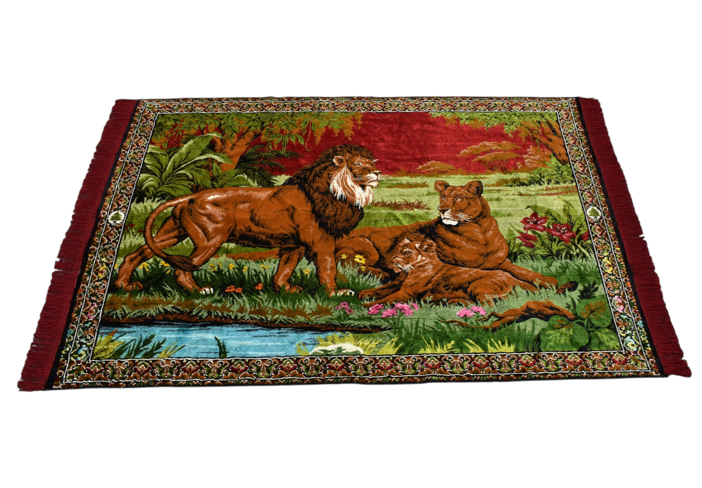 Kilim Antik Doğa Tasvirli Ormanlar Kralı Aslanlı Duvar Halısı 0844- Yeni - Çok Renkli