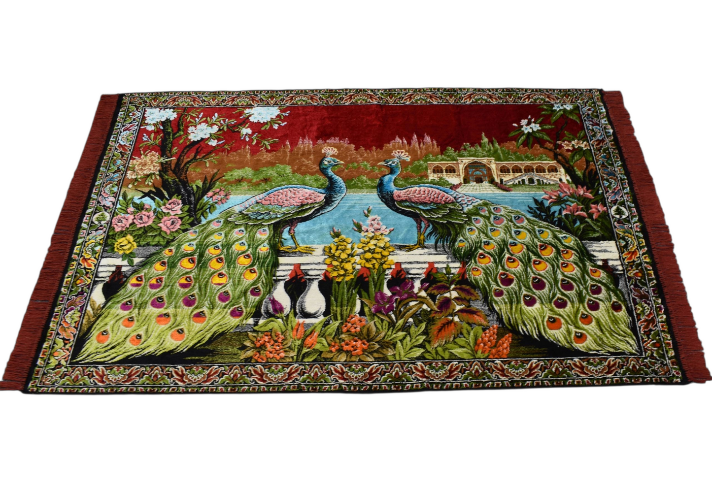 Kilim Antik Malikane Tasvirli Tavus Kuşlu Sülünlü Temalı Duvar Halısı 0845 - Yeni - Kırmızı