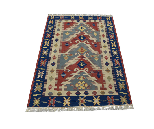 Kilim Antik El Dokuma Yün İnce Basamaklı Balıkesir Yörük Kilimi 0139 - Yeni - Çok Renkli