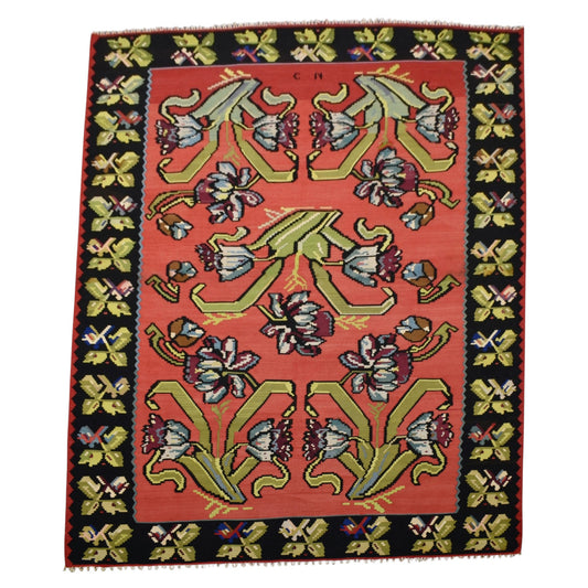 Kilim Antik El Dokuma 6m2 Güllü Çiçekli Karabağ Yün Kilim 0582 - Yeni - Çok Renkli