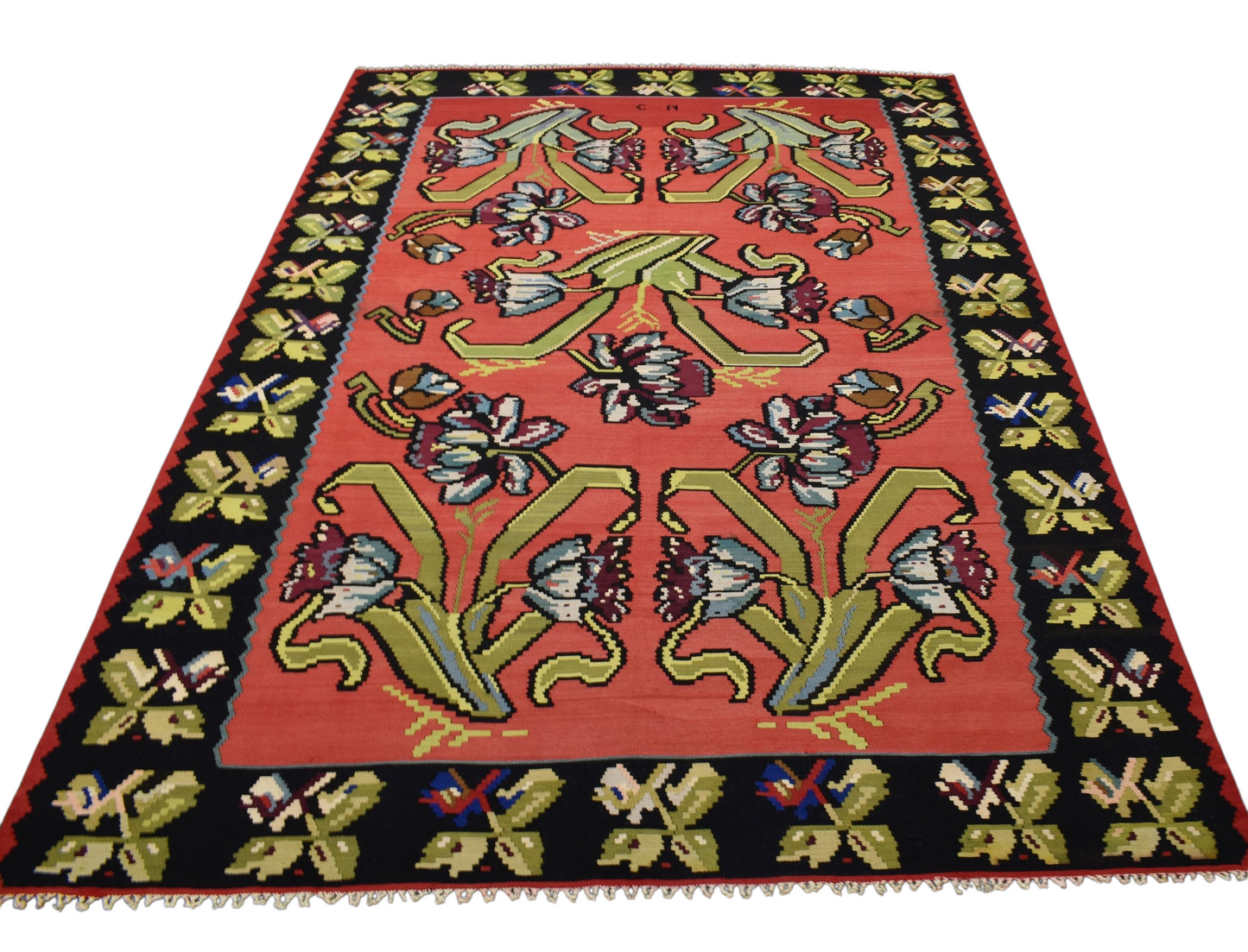 Kilim Antik El Dokuma 6m2 Güllü Çiçekli Karabağ Yün Kilim 0582 - Yeni - Çok Renkli
