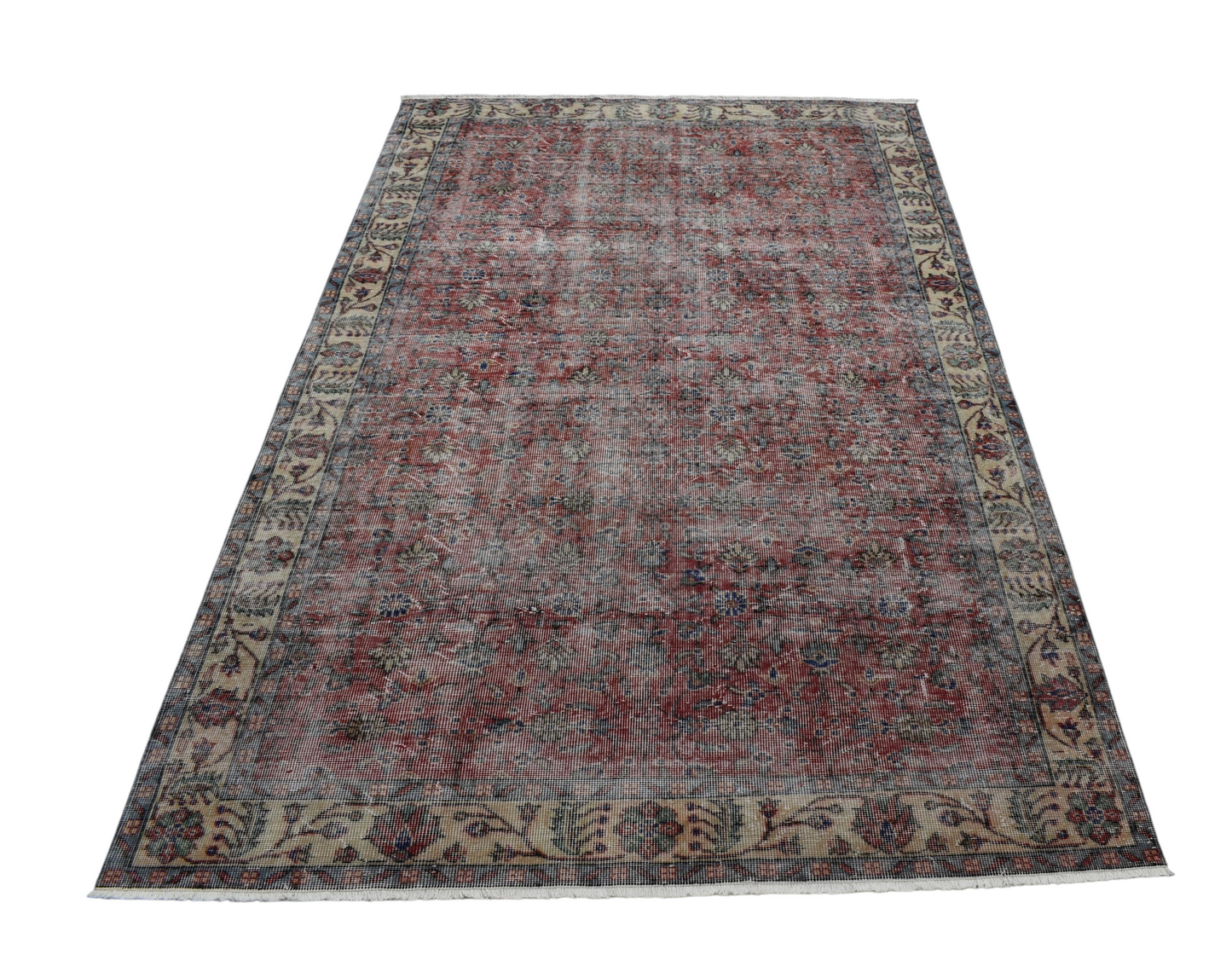 Kilim Antik El Dokuma 5m2 Çiçekli Eskitme Yün Salon Halısı 0596 - Vintage - Kırmızı