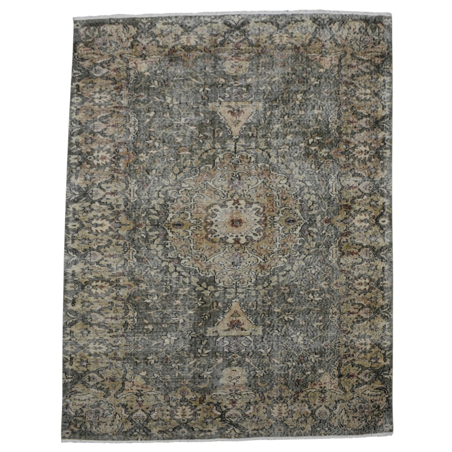 Kilim Antik 5m2 El Dokuma Eskitme Göbekli Yeşil Yün Salon Halısı 0750 - Vintage - Çok Renkli