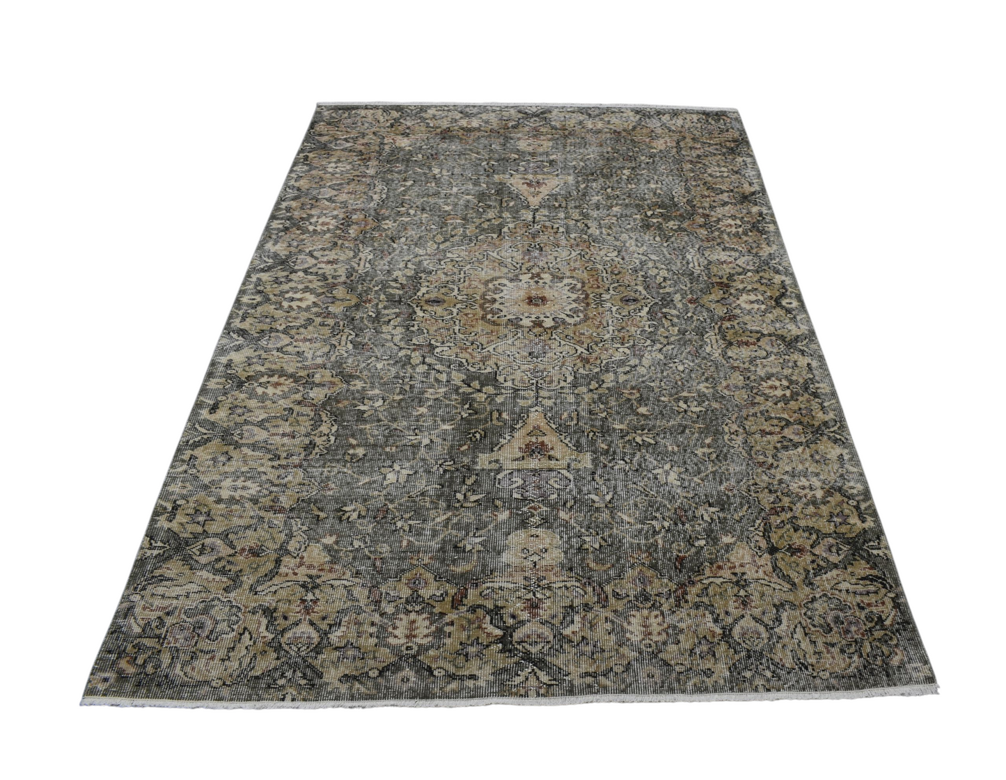 Kilim Antik 5m2 El Dokuma Eskitme Göbekli Yeşil Yün Salon Halısı 0750 - Vintage - Çok Renkli