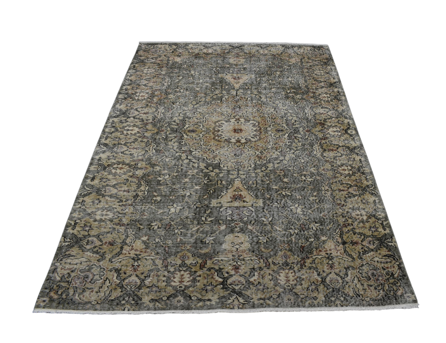 Kilim Antik 5m2 El Dokuma Eskitme Göbekli Yeşil Yün Salon Halısı 0750 - Vintage - Çok Renkli