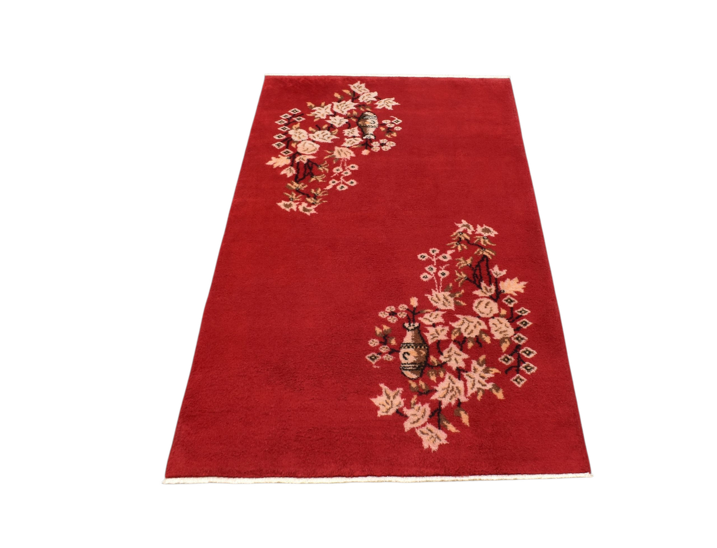 Kilim Antik El Dokuma Burdur Çiçekli Vazolu Yün Halı 0797 - Yeni - Kırmızı