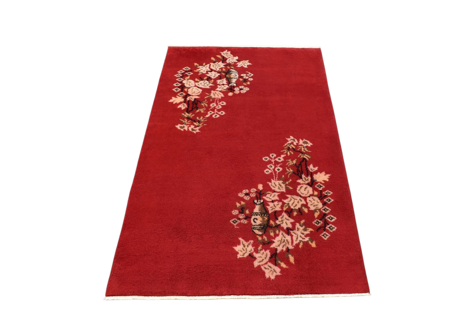 Kilim Antik El Dokuma Burdur Çiçekli Vazolu Yün Halı 0797 - Yeni - Kırmızı