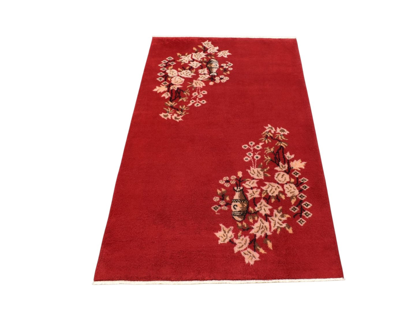 Kilim Antik El Dokuma Burdur Çiçekli Vazolu Yün Halı 0797 - Yeni - Kırmızı