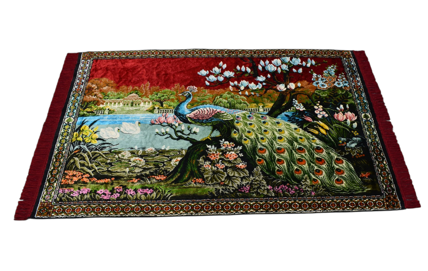 Kilim Antik Malikane Tasvirli Tavus Kuşlu Sülünlü Temalı Duvar Halısı 0830 - Yeni - Kırmızı