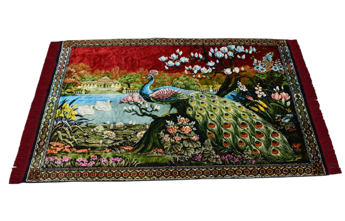 Kilim Antik Malikane Tasvirli Tavus Kuşlu Sülünlü Temalı Duvar Halısı 0830 - Yeni - Kırmızı