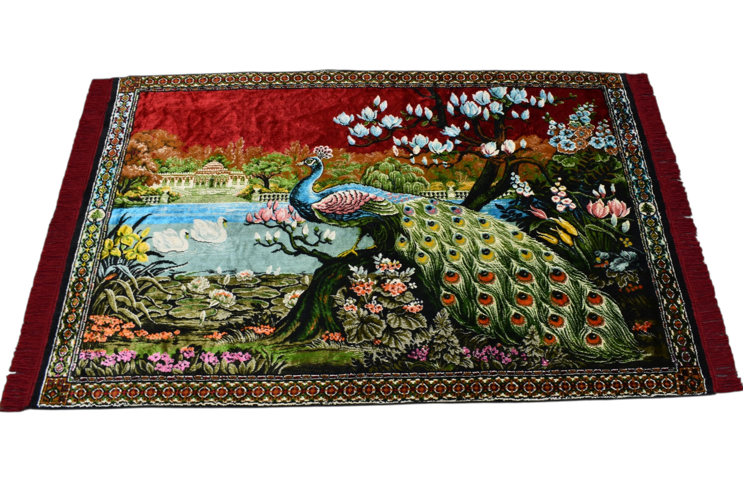 Kilim Antik Malikane Tasvirli Tavus Kuşlu Sülünlü Temalı Duvar Halısı 0830 - Yeni - Kırmızı