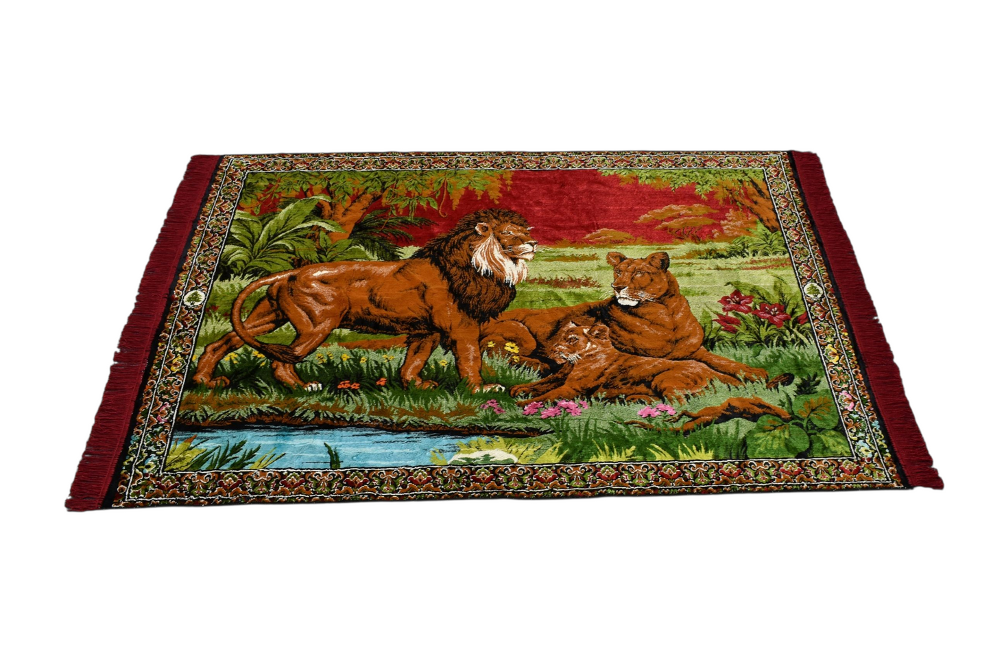 Kilim Antik Doğa Tasvirli Ormanlar Kralı Aslanlı Duvar Halısı 0844- Yeni - Çok Renkli