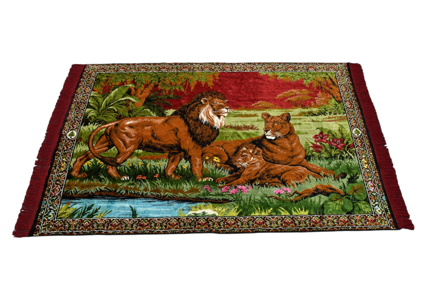 Kilim Antik Doğa Tasvirli Ormanlar Kralı Aslanlı Duvar Halısı 0844- Yeni - Çok Renkli