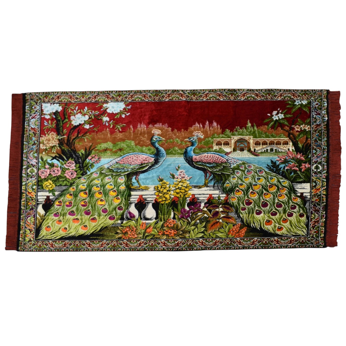 Kilim Antik Malikane Tasvirli Tavus Kuşlu Sülünlü Temalı Duvar Halısı 0845 - Yeni - Kırmızı