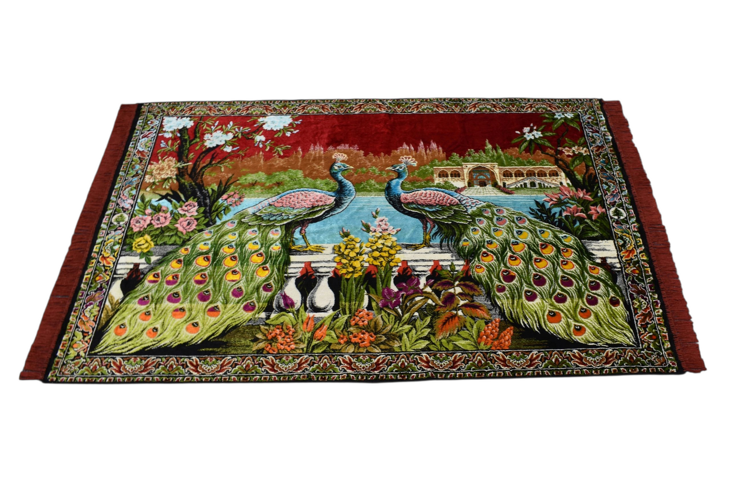 Kilim Antik Malikane Tasvirli Tavus Kuşlu Sülünlü Temalı Duvar Halısı 0845 - Yeni - Kırmızı